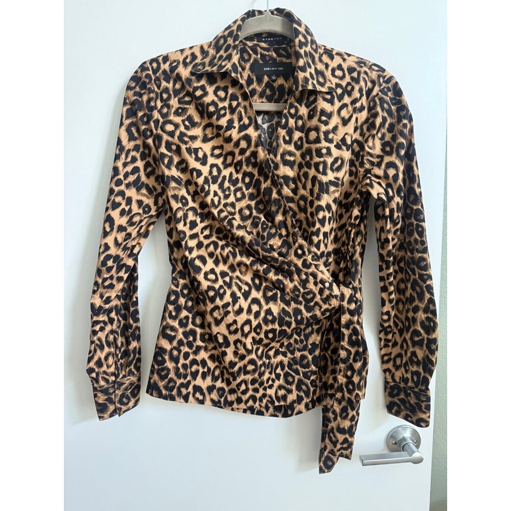 Jones New York Leopard Print Wrap Collared Shirt Small